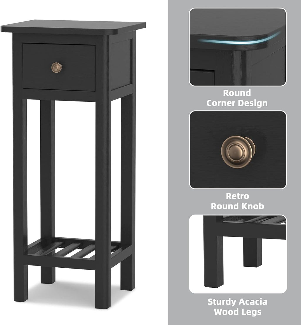 Black Narrow End Table Set of 2 with Drawer & Shelf N3581