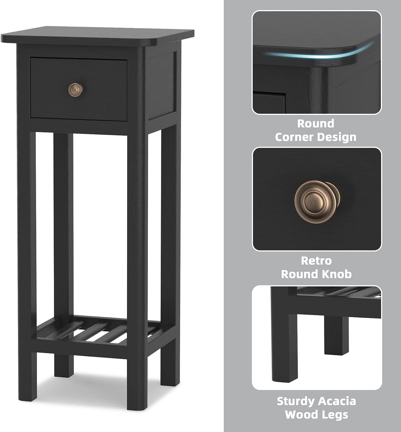 Black Narrow End Table Set of 2 with Drawer & Shelf N3581