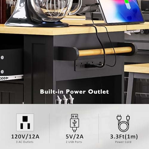 Black 48-inch Rolling Kitchen Island with Drop Leaf & Power Outlet U974002
