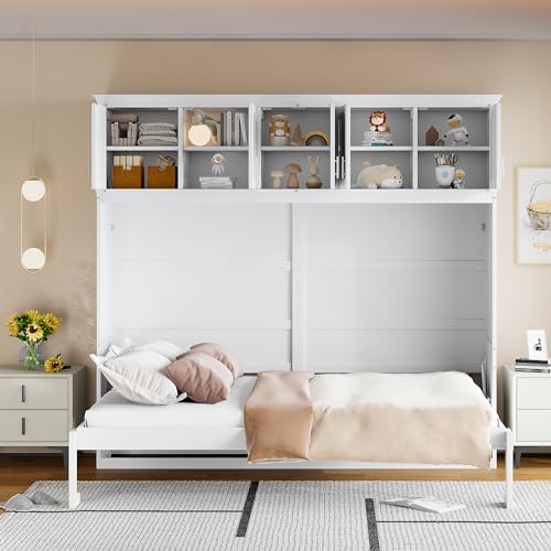 White Solid Wood Queen Murphy Bed with Cabinets D22943