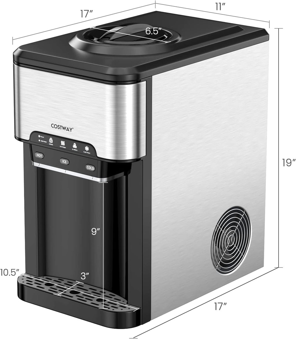 Water Dispenser with Ice Maker, 3-in-1 Countertop Top-Loading Hot Cold Water Cooler Machine, 48Lbs/24H, 12 Cubes, 4Lbs Storage Basket P303141