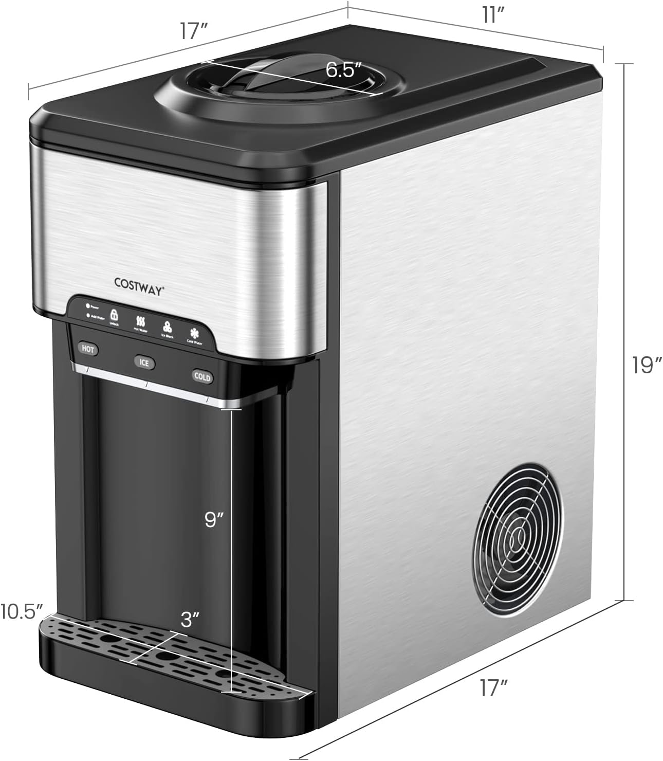 Water Dispenser with Ice Maker, 3-in-1 Countertop Top-Loading Hot Cold Water Cooler Machine, 48Lbs/24H, 12 Cubes, 4Lbs Storage Basket P303141