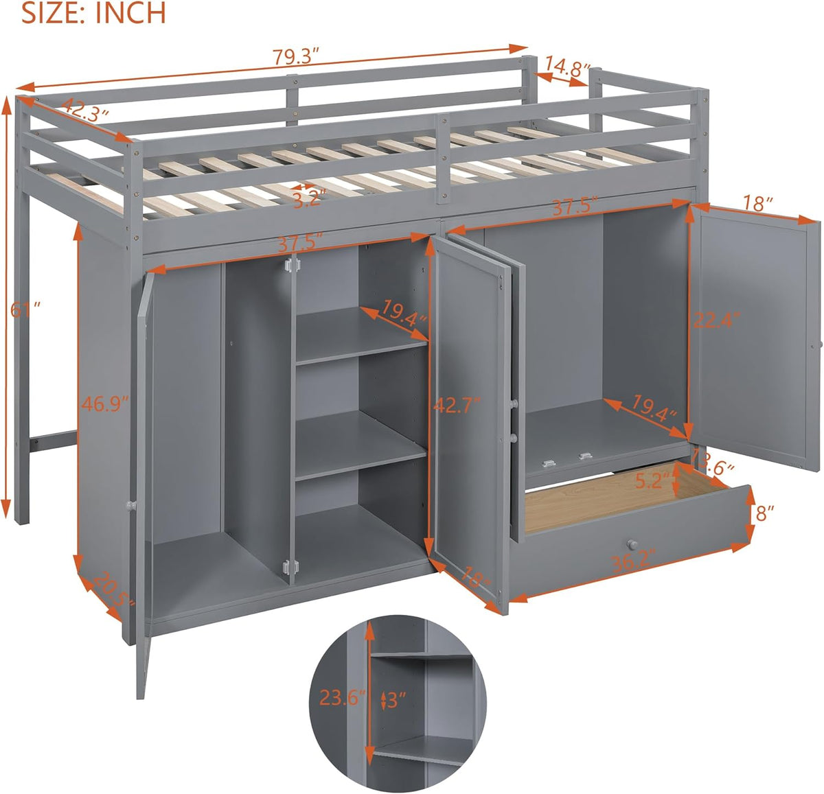 Gray Wood Twin Size Loft Bed with Storage Drawer and Two Wardrobes Q6968