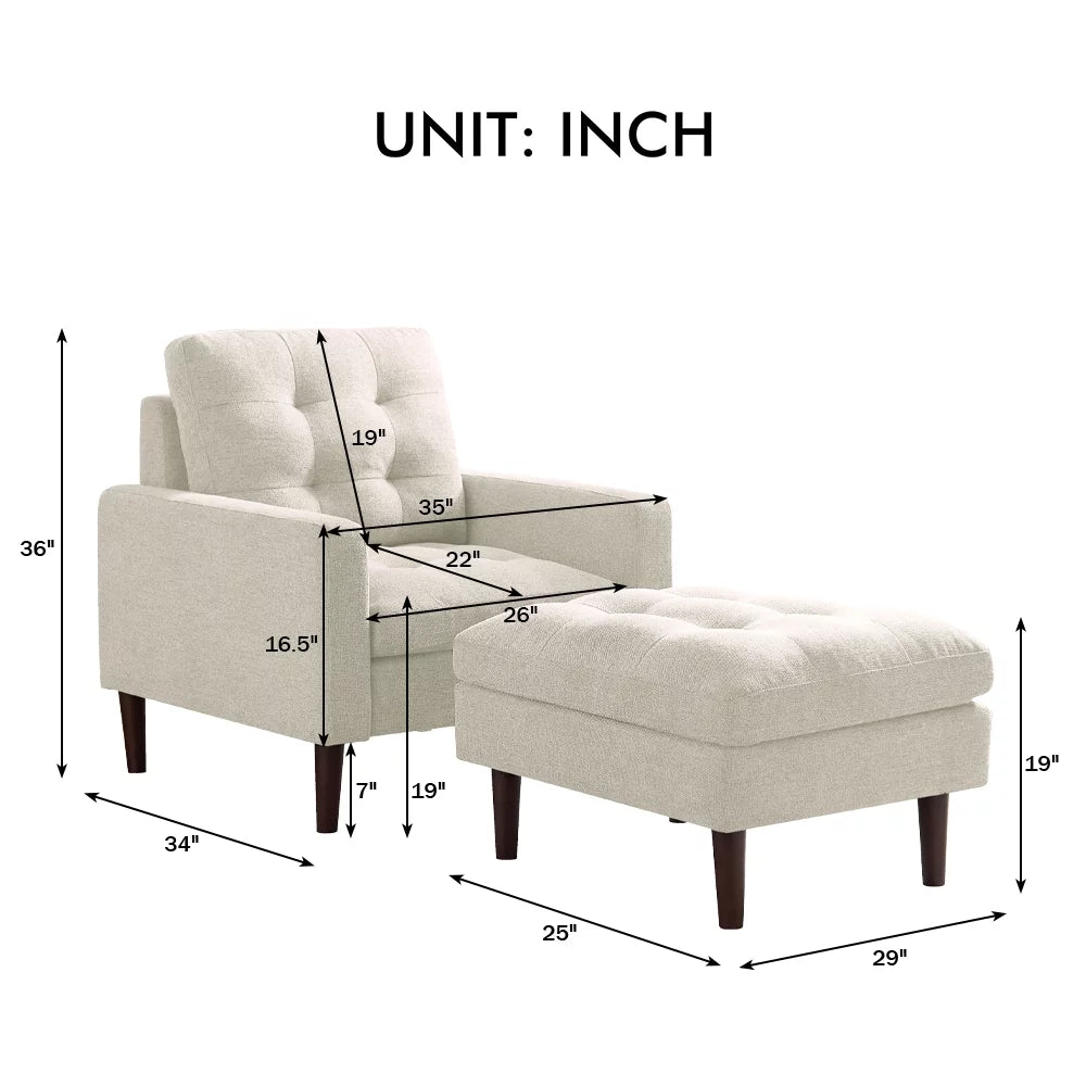 Beige Fabric Accent Chair with Ottoman and Solid Wood Legs D1463