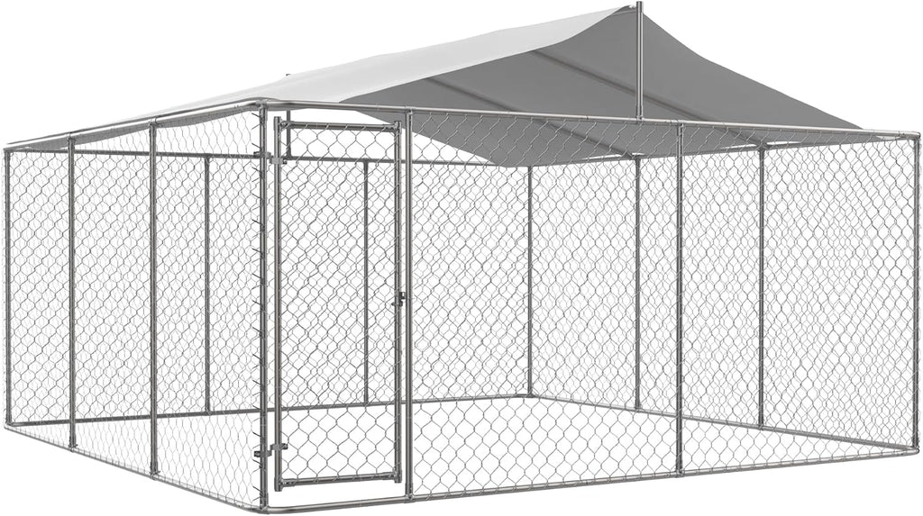 Large Outdoor Dog Kennel with Roof, Chain Link Enclosure, Galvanized Steel, 177.6 x 177.6 x 91.2 Inch O1039