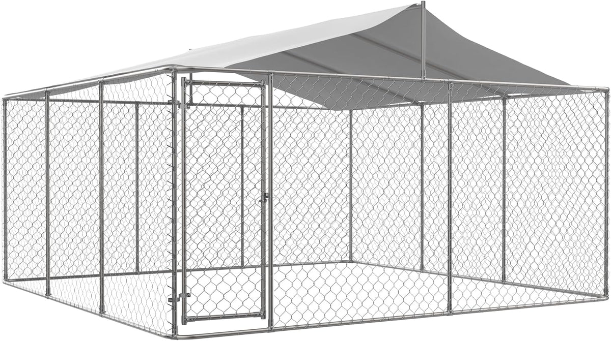 Large Outdoor Dog Kennel with Roof, Chain Link Enclosure, Galvanized Steel, 177.6 x 177.6 x 91.2 Inch O1039