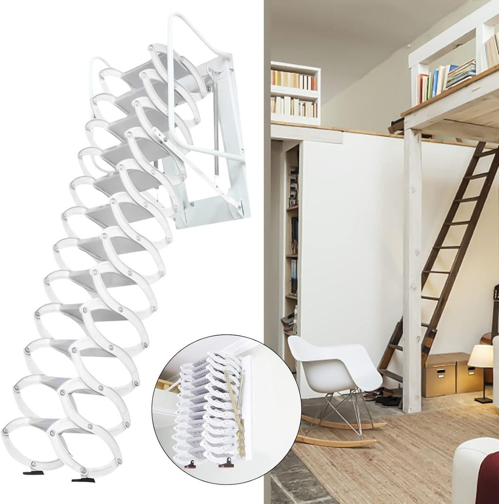12 Steps Folding Loft Ladder, 122in Height, 882lbs Max Load E836946