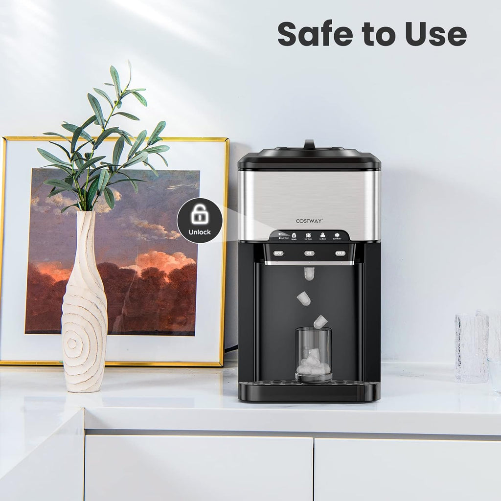 Water Dispenser with Ice Maker, 3-in-1 Countertop Top-Loading Hot Cold Water Cooler Machine, 48Lbs/24H, 12 Cubes, 4Lbs Storage Basket P303141