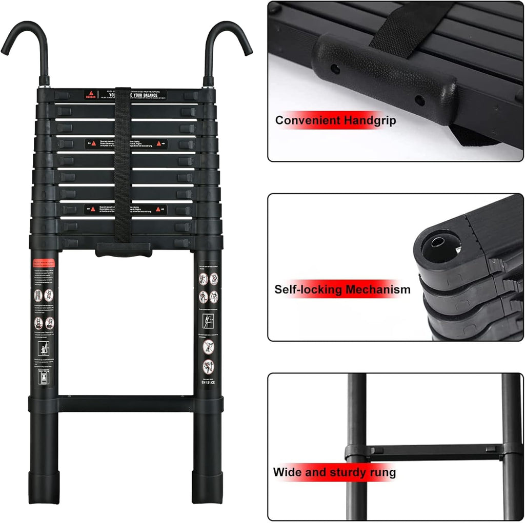 Compact 20FT Aluminum Telescoping Extension Ladder with 2 Detachable Roof Hooks P69725