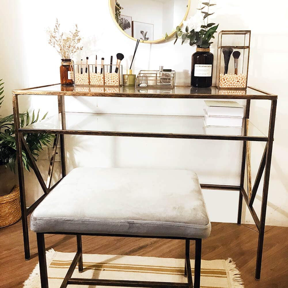 Antique Gold Glass Top Desk Vanity Table E86976