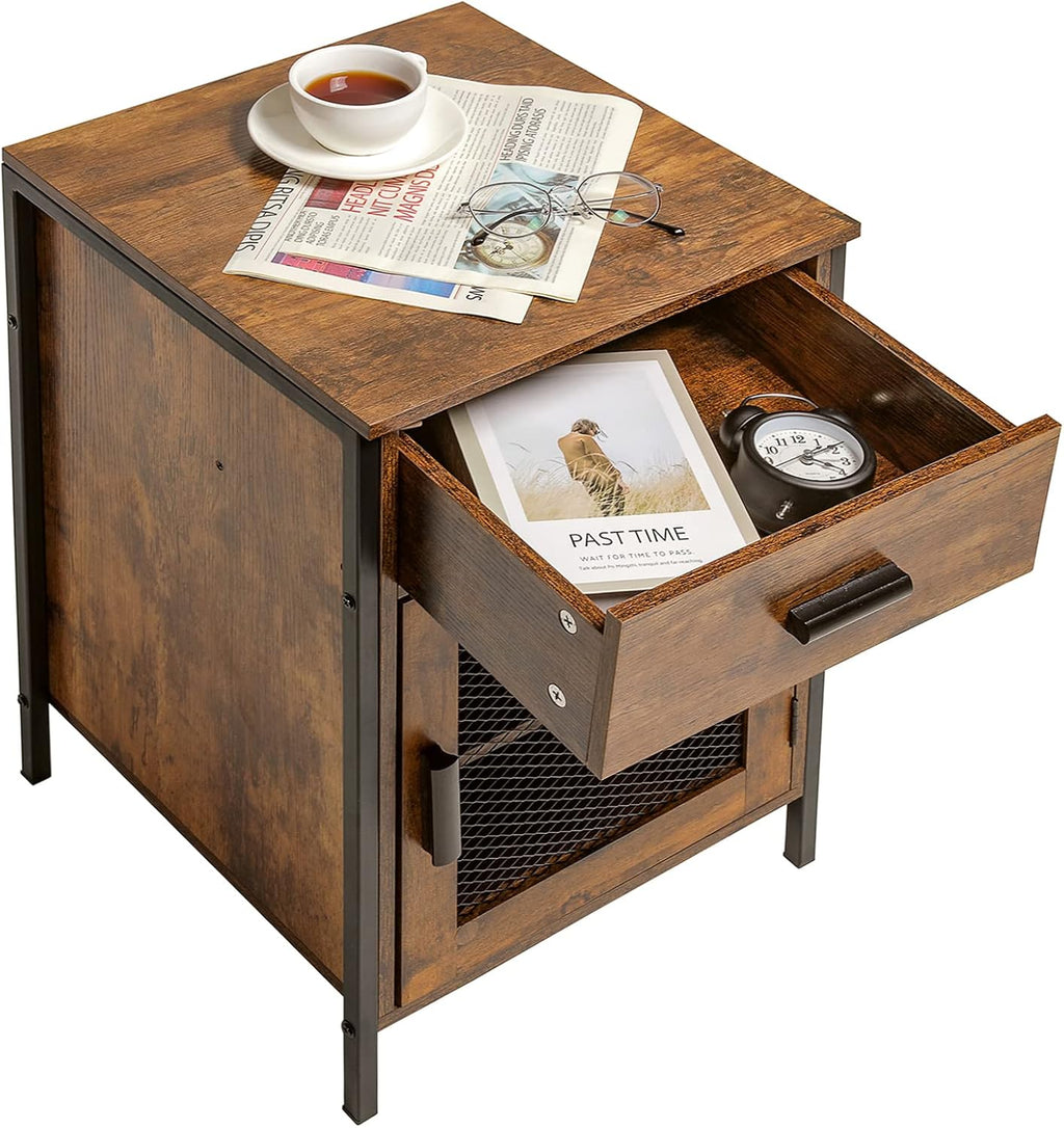 Rustic Brown End Table with Drawer and Mesh Door P23917