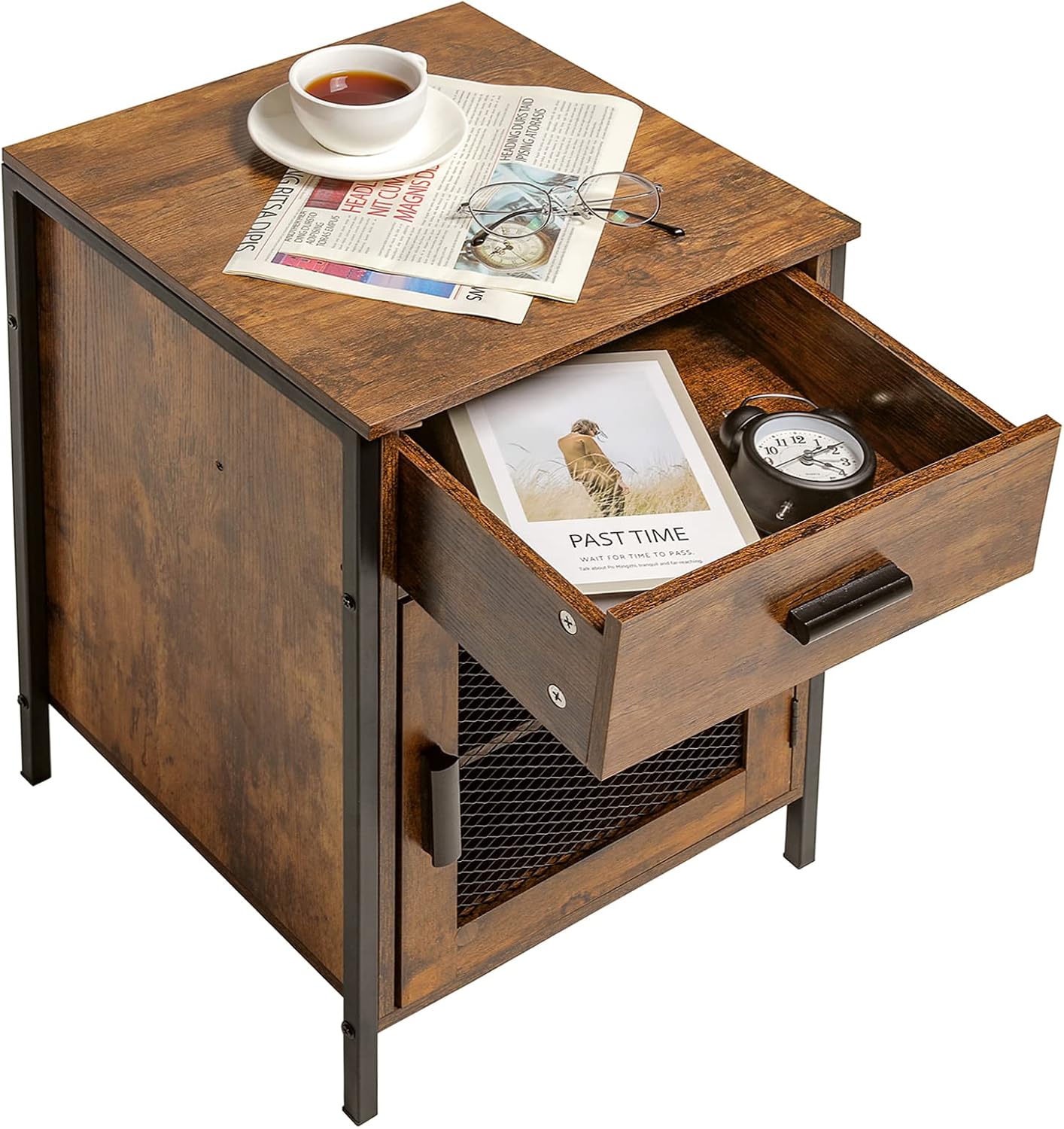 Rustic Brown End Table with Drawer and Mesh Door P23917