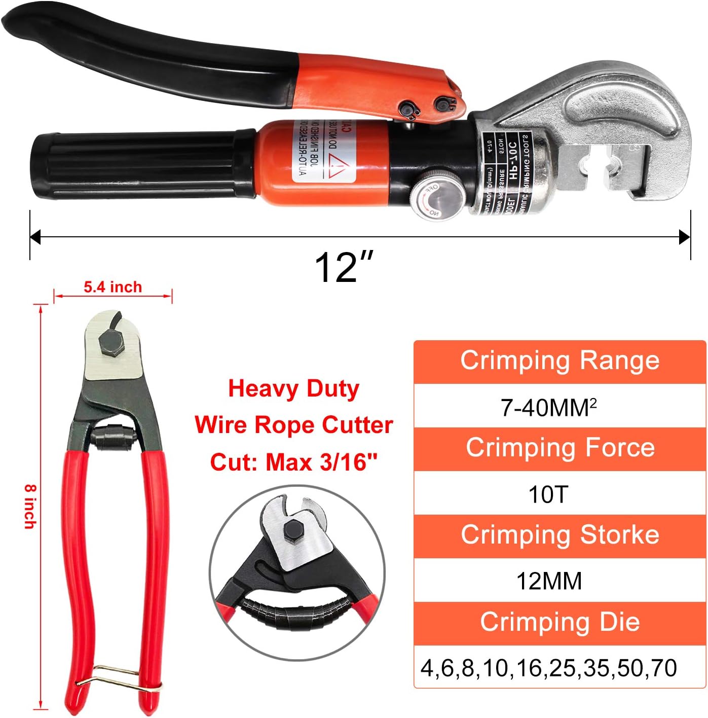 10 Ton Hydraulic Cable Crimper Hand Tool with 9 Dies and Cable Cutter O648