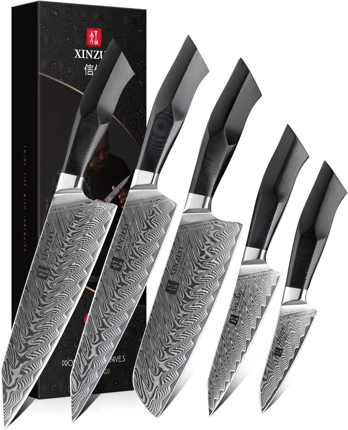 Damascus Steel 7-Piece Kitchen Knife Set with Wooden Block and Honing Steel B4345