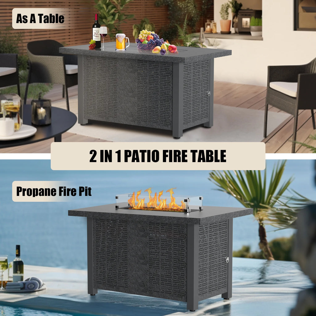 42 inch 50,000 BTU Rectangle Propane Gas Fire Pit Table with Lid, Glass Wind Guard, Waterproof Cover, Lava Rocks - Steel D570625