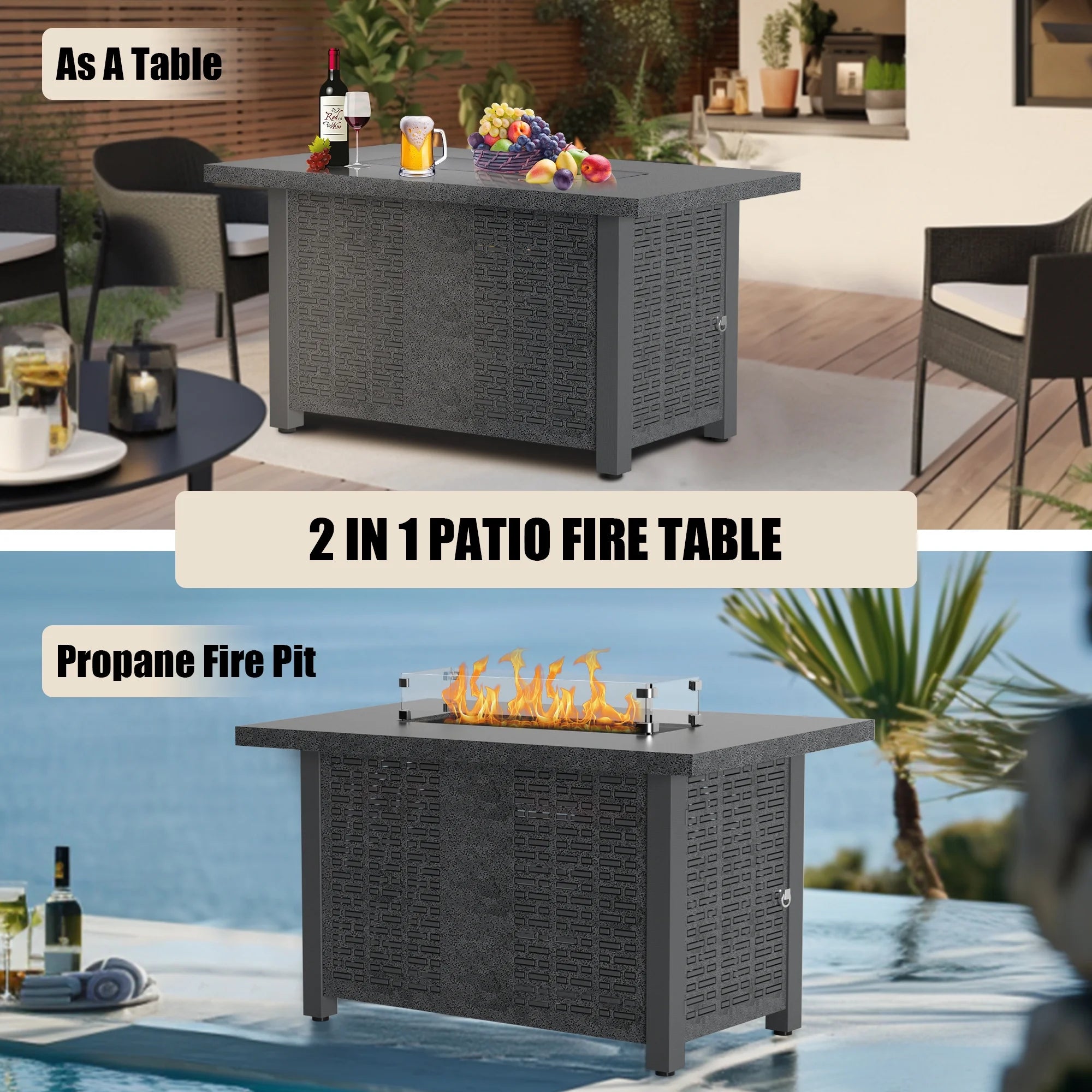 42 inch 50,000 BTU Rectangle Propane Gas Fire Pit Table with Lid, Glass Wind Guard, Waterproof Cover, Lava Rocks - Steel D570625