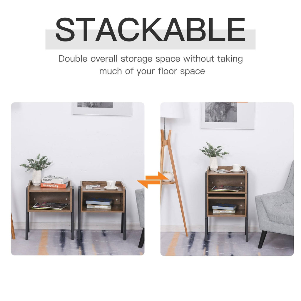 Industrial Set of 2 Stackable Side Tables with Solid Steel Frame Legs, Oak E864463