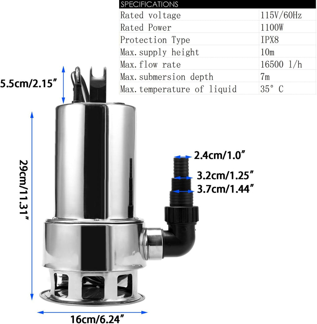 1.5 HP Stainless Steel Submersible Sump Pump with 15ft Cable and Float Switch X900
