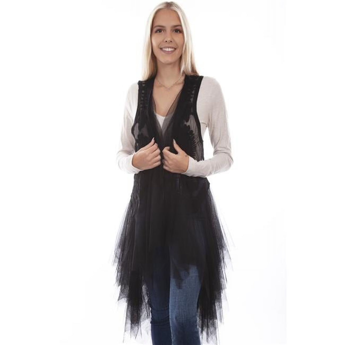 Black Embroidered Tulle Layered Duster R428056