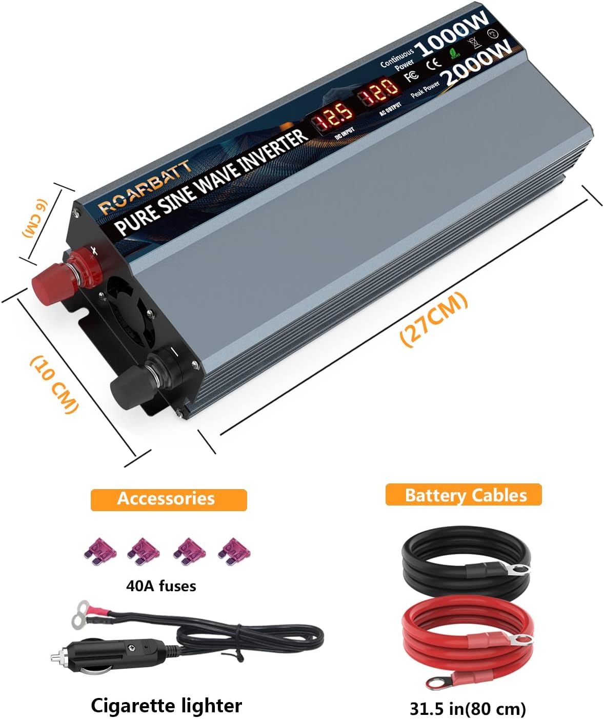 1000 Watt 12V DC to 110V AC Power Inverter with 2 AC Outlets and USB Port P6248