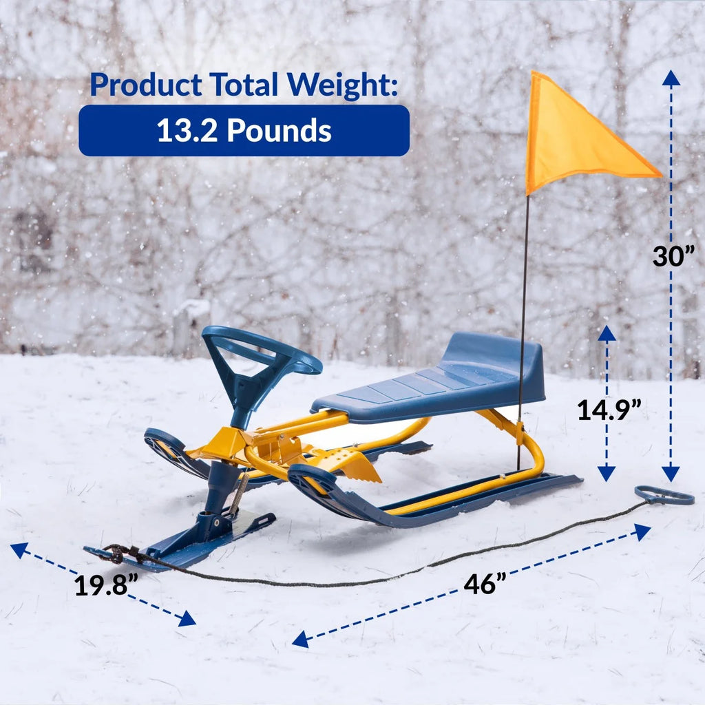 Snow Sled with Steering Wheel, Twin Brakes, Pull Rope & Safety Flag Z6551