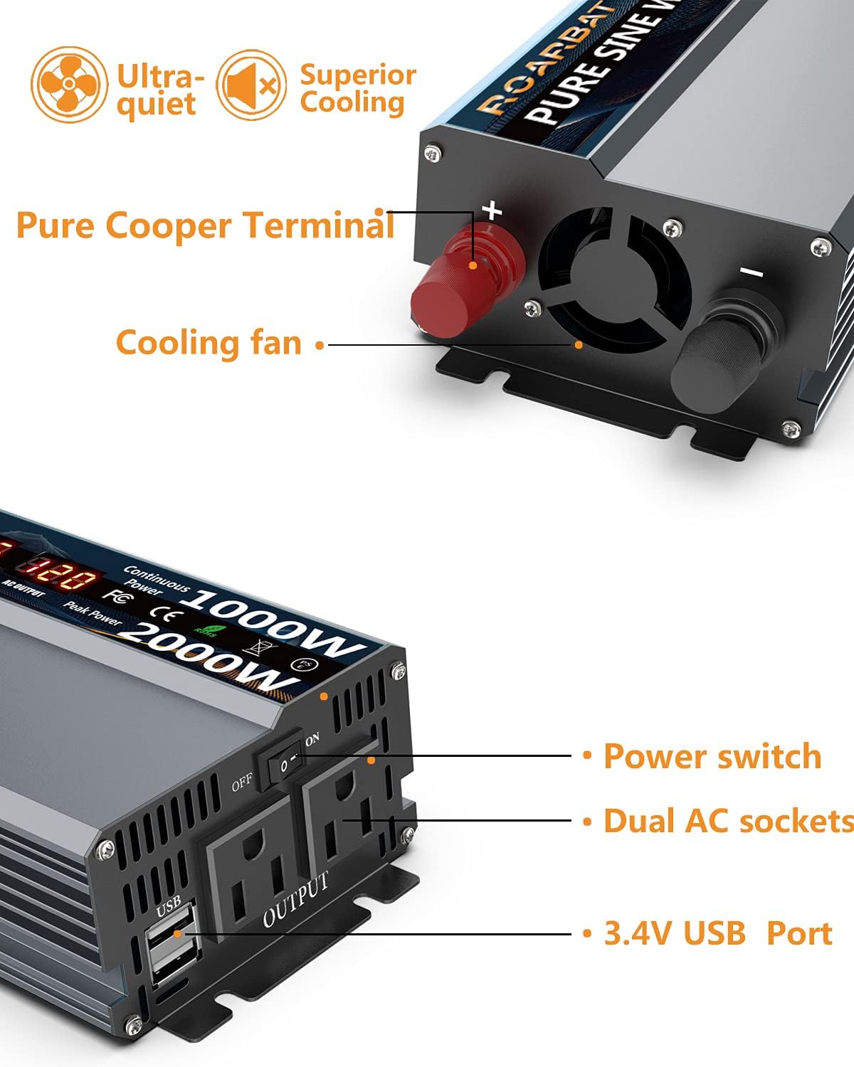 1000 Watt 12V DC to 110V AC Power Inverter with 2 AC Outlets and USB Port P6248