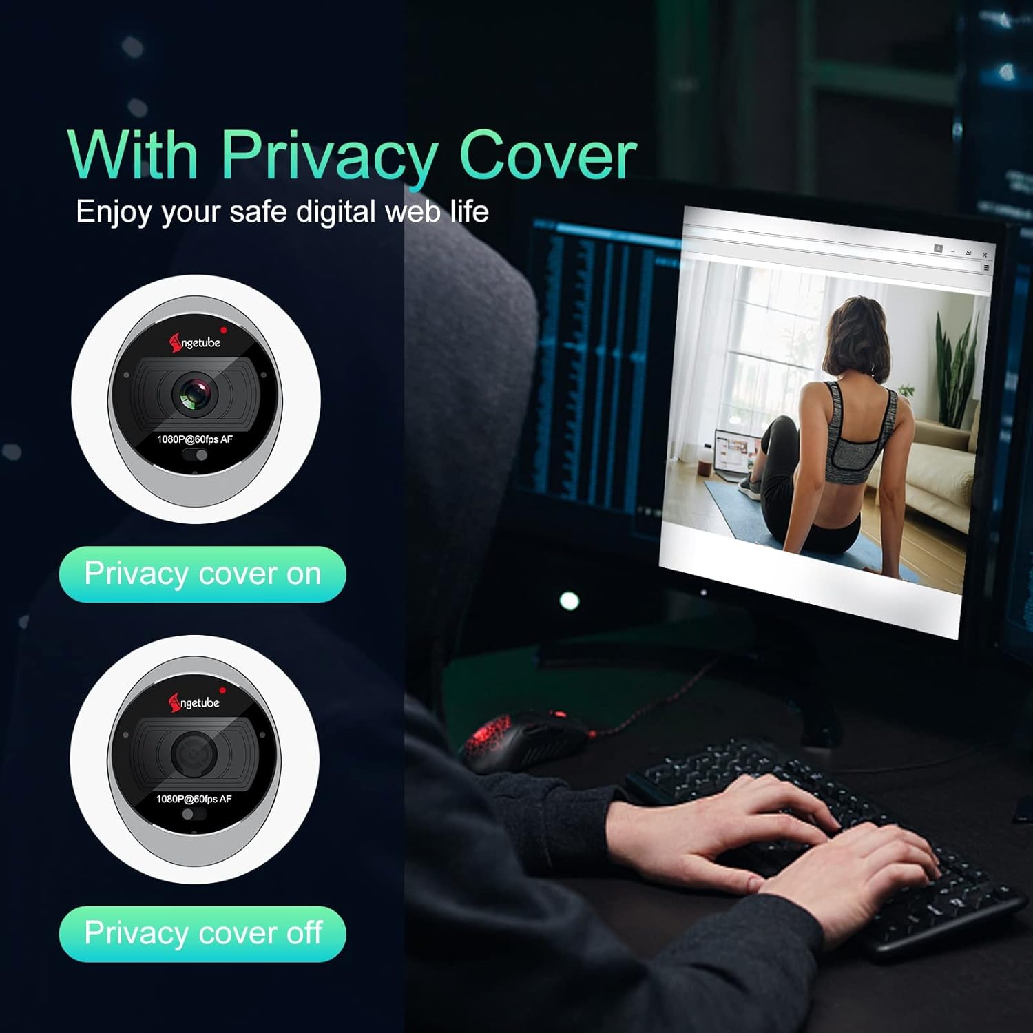 60FPS 1080P Streaming Webcam with Ring Light and Privacy Cover U363183