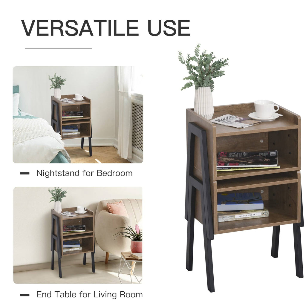 Industrial Set of 2 Stackable Side Tables with Solid Steel Frame Legs, Oak E864463