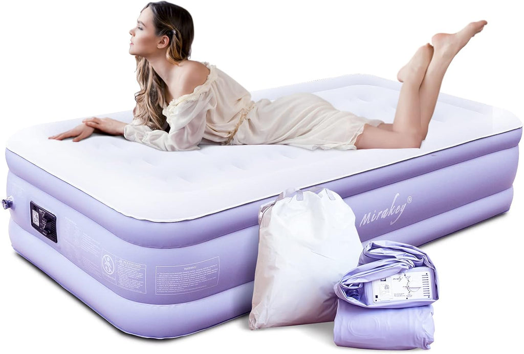 Light Blue White Velvet Flocked Twin Air Mattress with Built in Pump Q592079