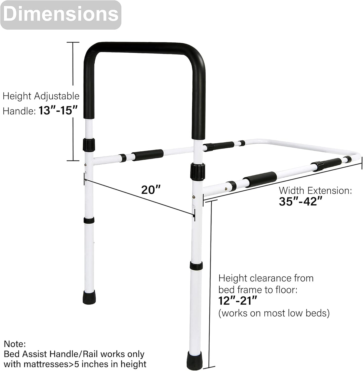 Adjustable Bed Assist Rail Grab Bar, White/Black, Pack of 2 L829432