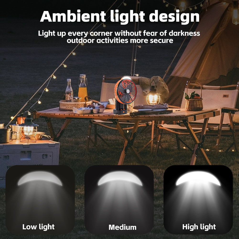 Camping Fan with LED Lantern, 270° Portable Rechargeable 8-Inch Desk Fan E50779