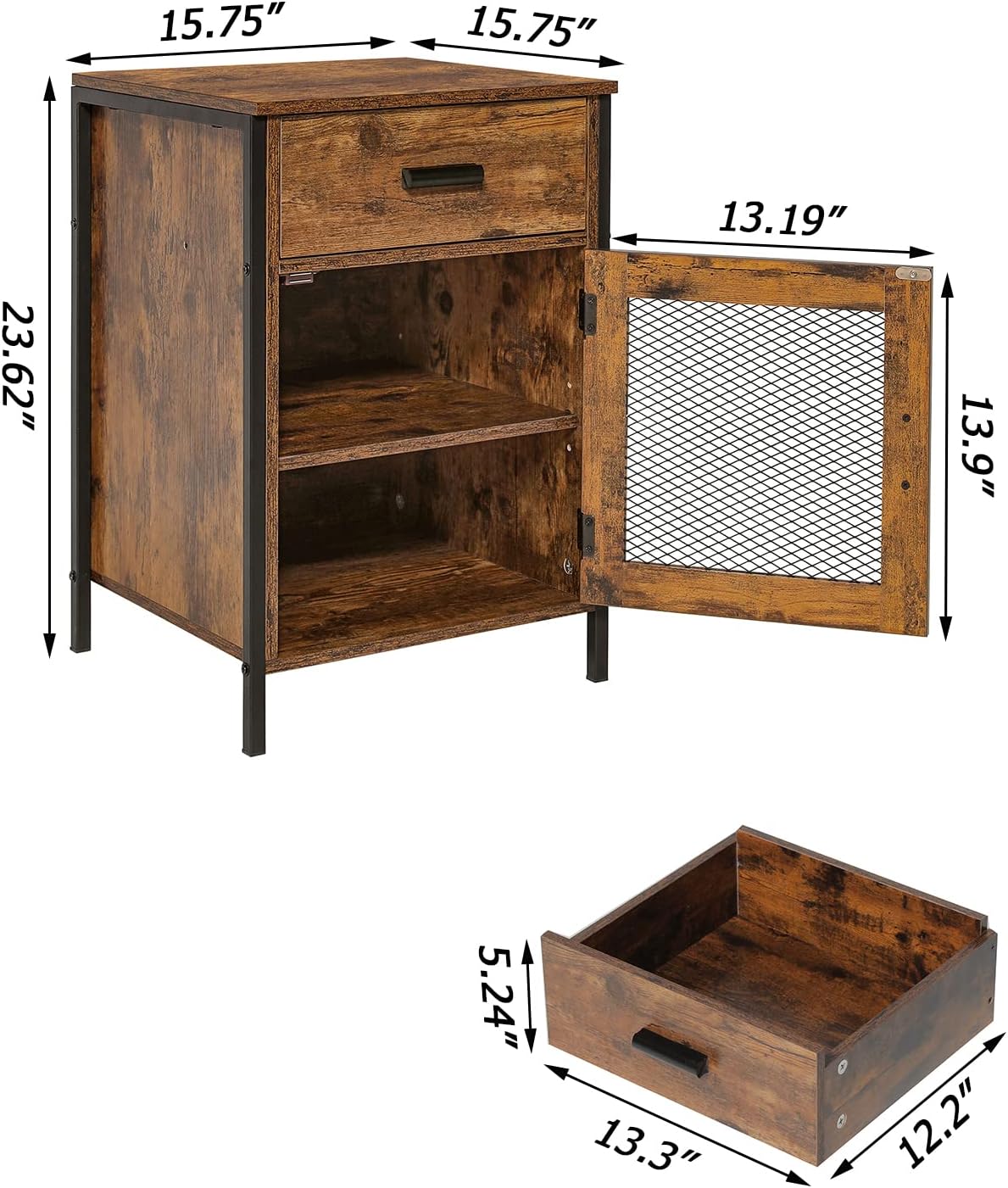 Rustic Brown End Table with Drawer and Mesh Door P23917