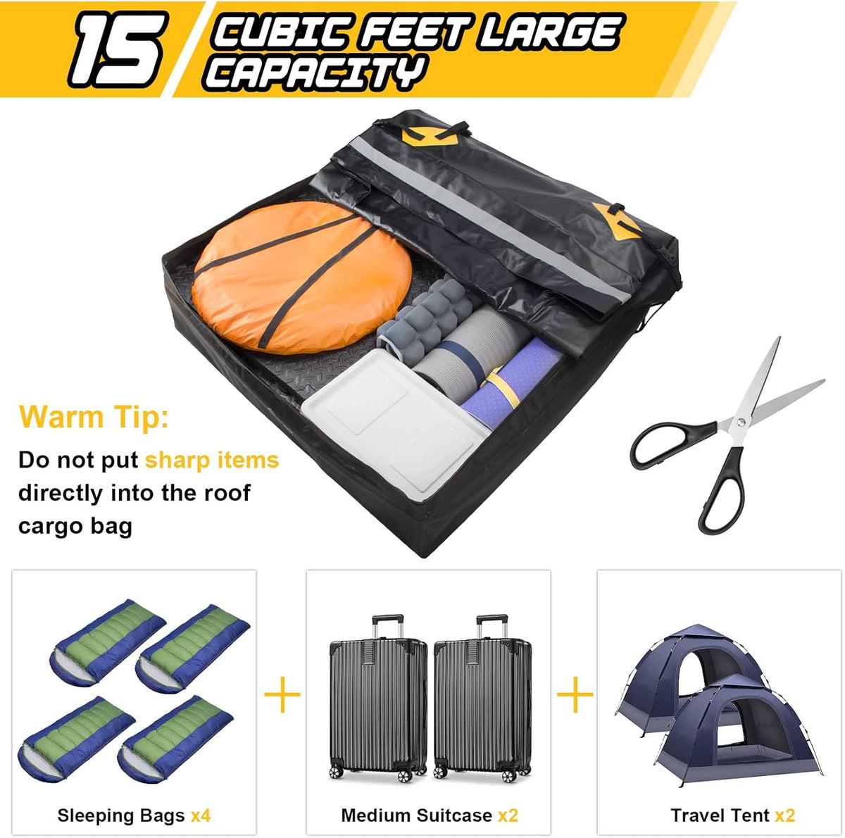 Rooftop Cargo Carrier 15 Cubic Feet Waterproof Roof Rack Cargo Bag with Anti-Slip Mat S525