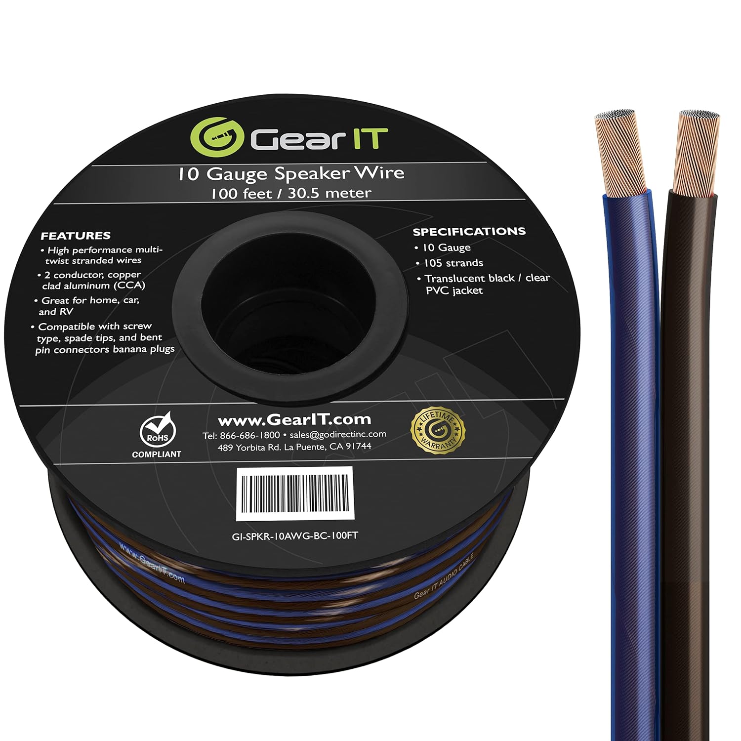 10 Gauge 100 Feet Copper Clad Aluminum Speaker Wire E61102