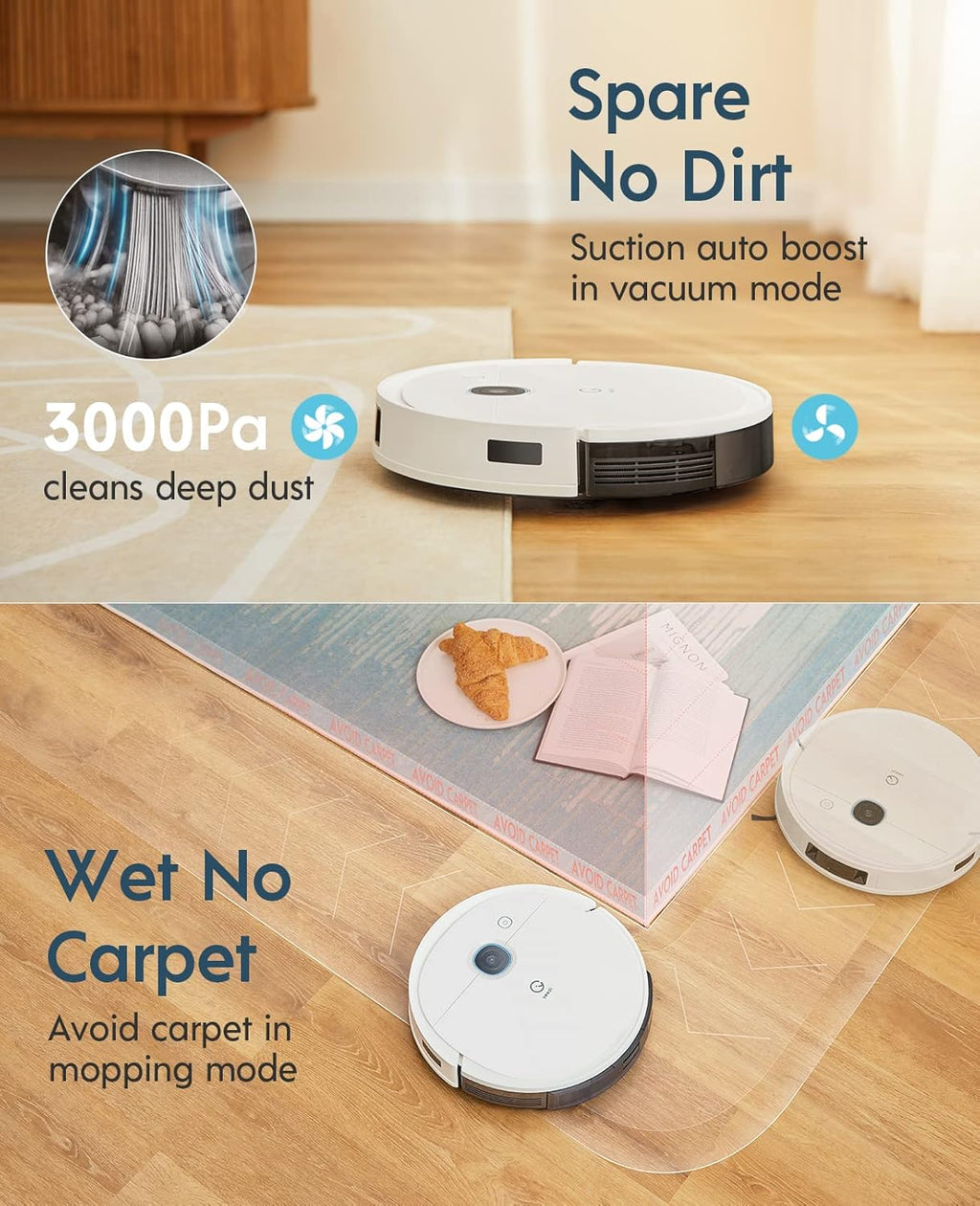 Robot Vacuum and Mop Combo, 3000Pa Suction, 240mins Runtime E722646