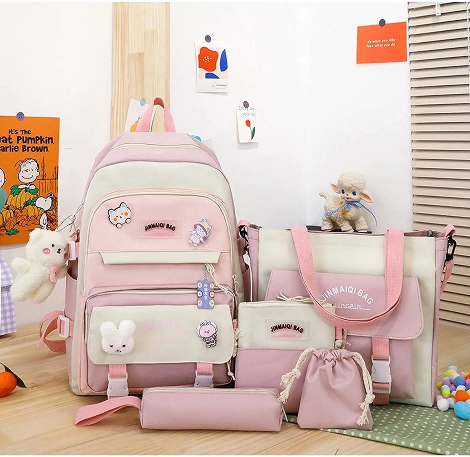 5Pcs Backpacks Combo Set with Bear Pendant & Pins N948