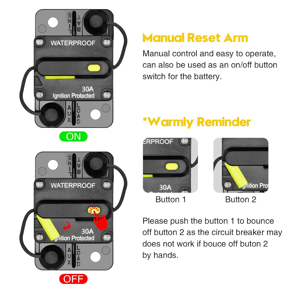 30 Amp Circuit Breaker, Inline Fuse Inverter with Manual Reset, 12V-48V DC Water Proof, Surface Mount-30A, Pack of 2 S92583