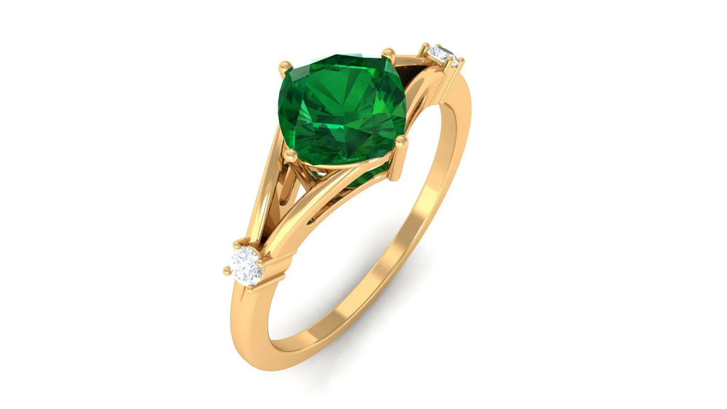Cushion Cut Lab Grown Emerald Solitaire Ring with Diamond, 14K Yellow Gold, US 9.50 U438353