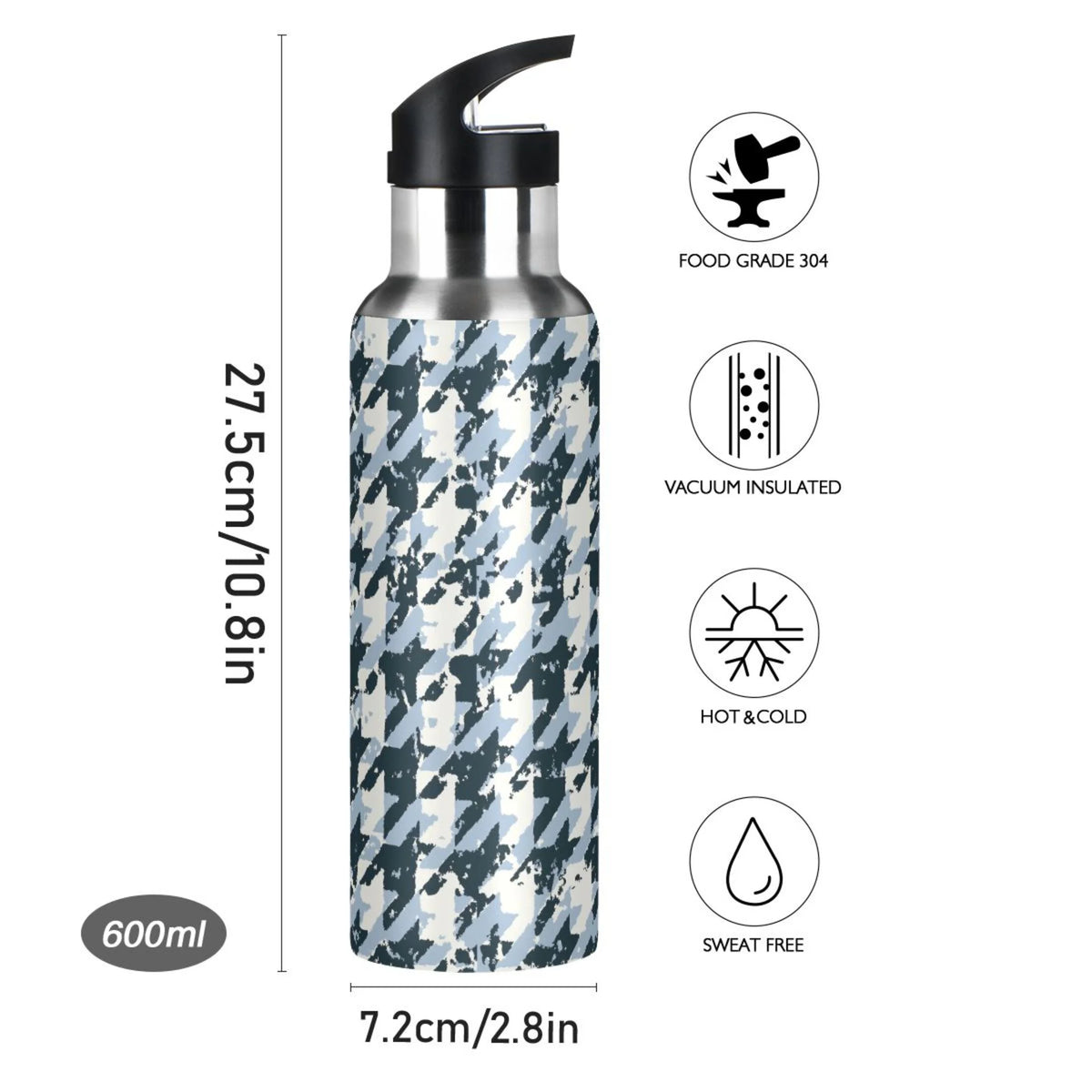 Blue Black Houndstooth Stainless Steel Insulated Water Bottle H17363