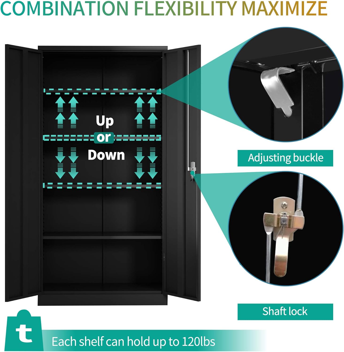 Black Steel Storage Cabinet with 2 Doors and 4 Adjustable Shelves C7761
