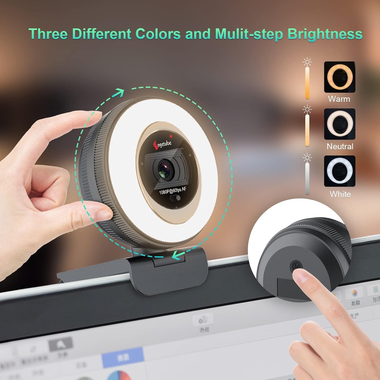 60FPS 1080P Streaming Webcam with Ring Light and Privacy Cover U363183
