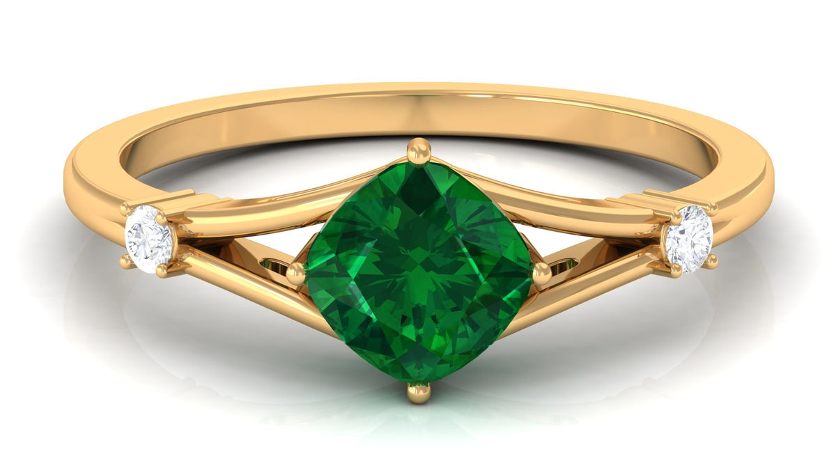 Cushion Cut Lab Grown Emerald Solitaire Ring with Diamond, 14K Yellow Gold, US 9.50 U438353