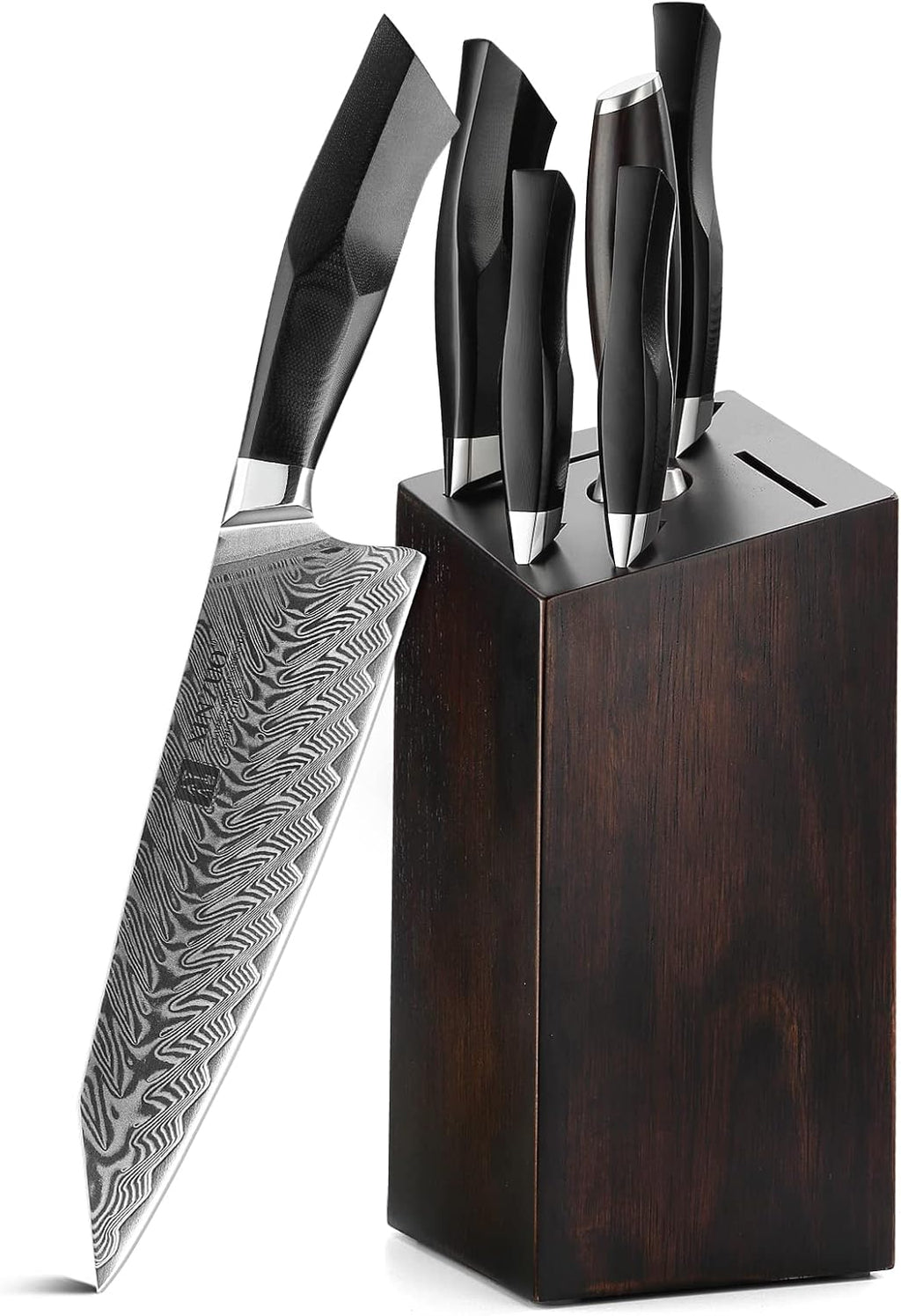 Damascus Steel 7-Piece Kitchen Knife Set with Wooden Block and Honing Steel B4345
