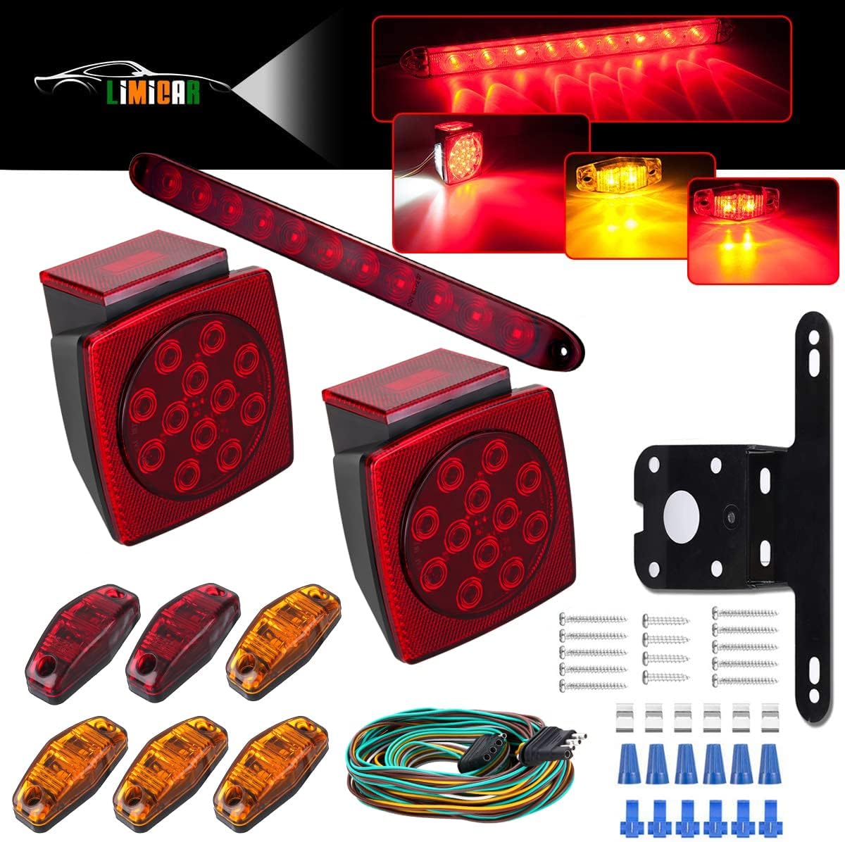LED Trailer Lights Kit, Submersible Square Stop Turn Tail Lights, Red/Amber Side Marker Lights, 3rd Brake ID Light Bar, Pack of 2 F3310