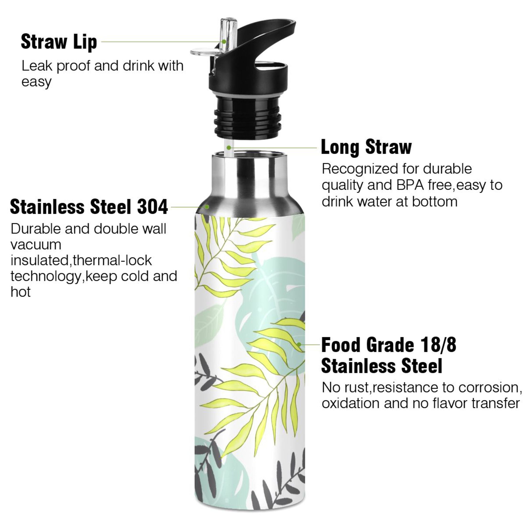 Stainless Steel Insulated Thermos Vacuum Flask Water Bottle with Straw Lid Y211844