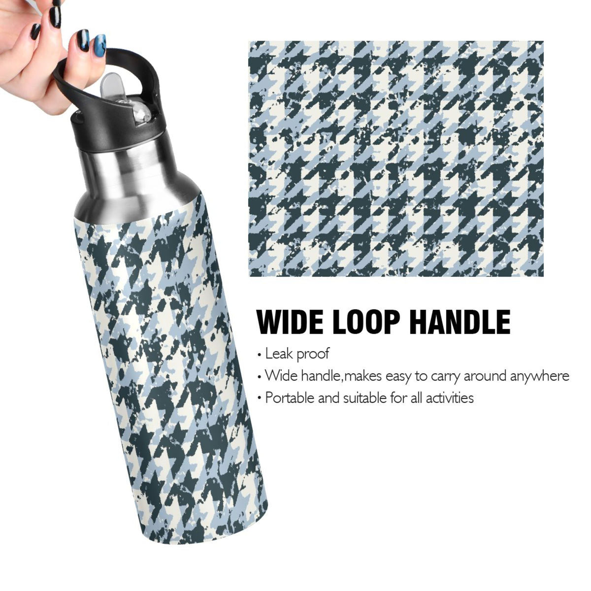Blue Black Houndstooth Stainless Steel Insulated Water Bottle H17363