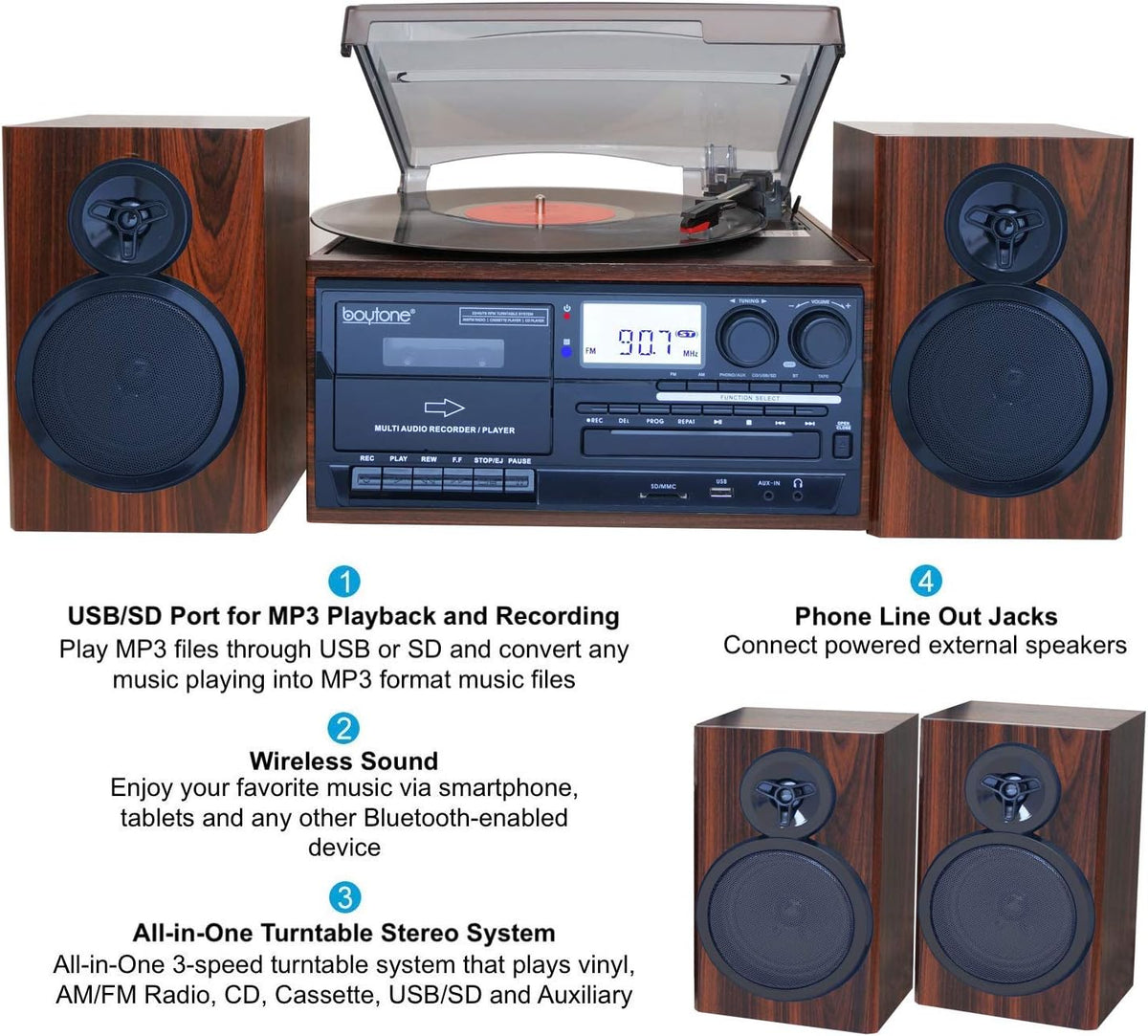 Bluetooth Record Player Turntable with AM/FM Radio, CD / Cassette Player, 2 Stereo Speakers X7001