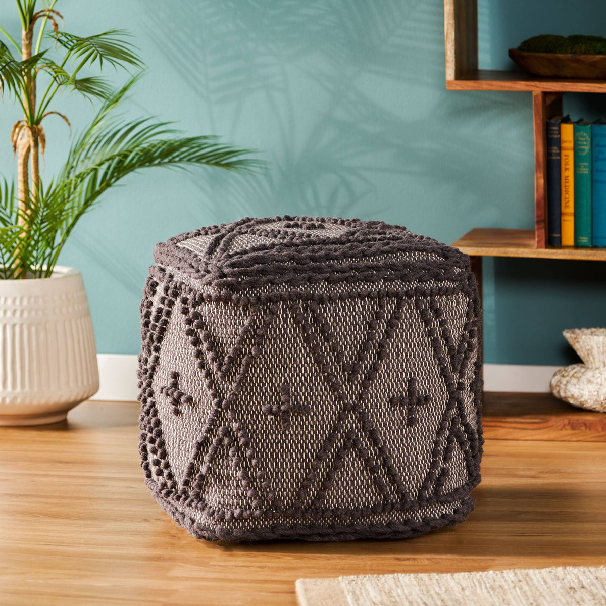 Charcoal Fabric Cube Pouf W84873