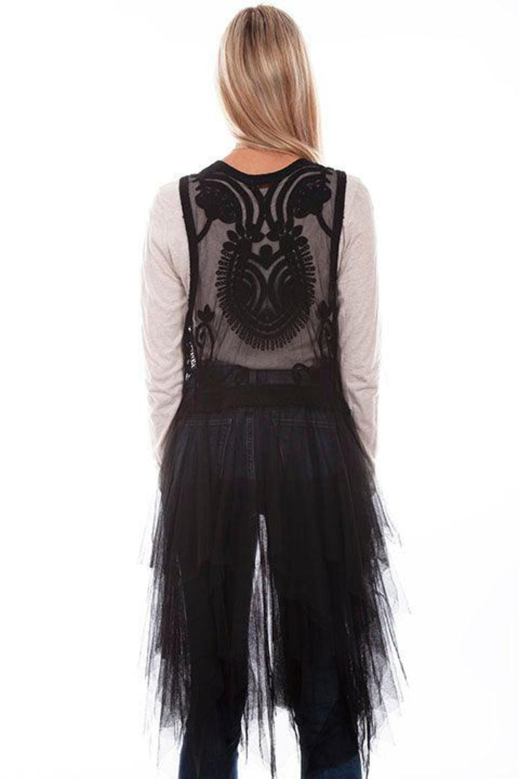 Black Embroidered Tulle Layered Duster R428056