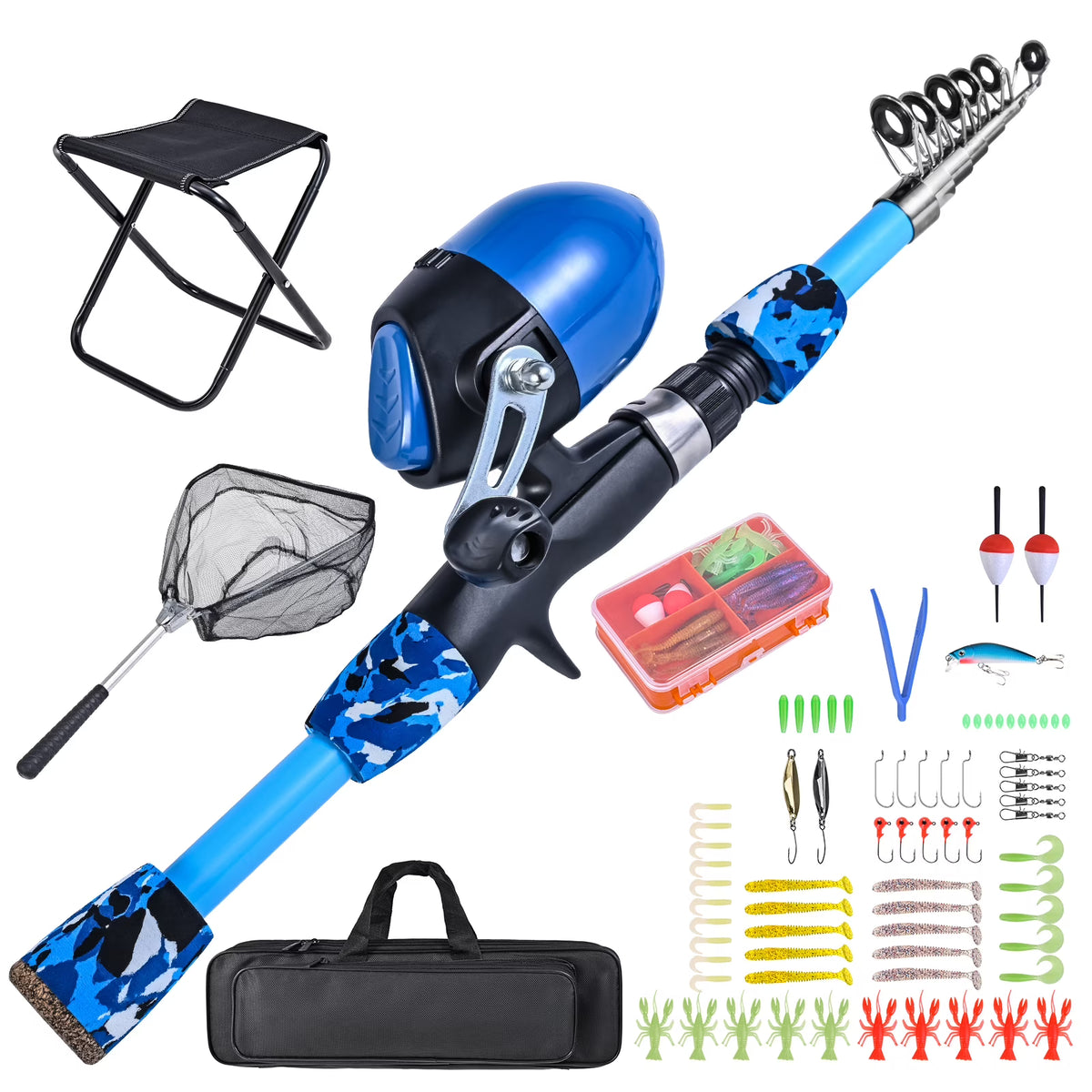 Kids Fishing Rod and Reel Combo with Collapsible Stool, Landing Net, and Tackle Box N177